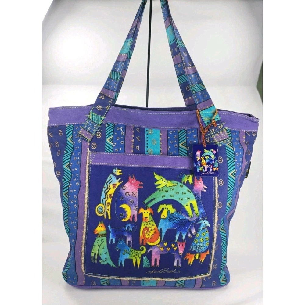 Laurel Burch Canvas Tote Mythical Dogs Bright Purple Blue Shoulder Bag Charm Tag